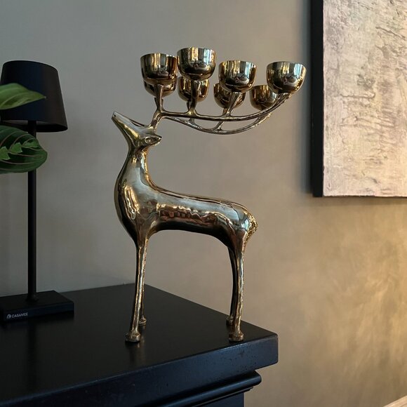 Large Vintage Brass Reindeer Elk Candelabra 8 Candle Holder” - Picture 4 of 12